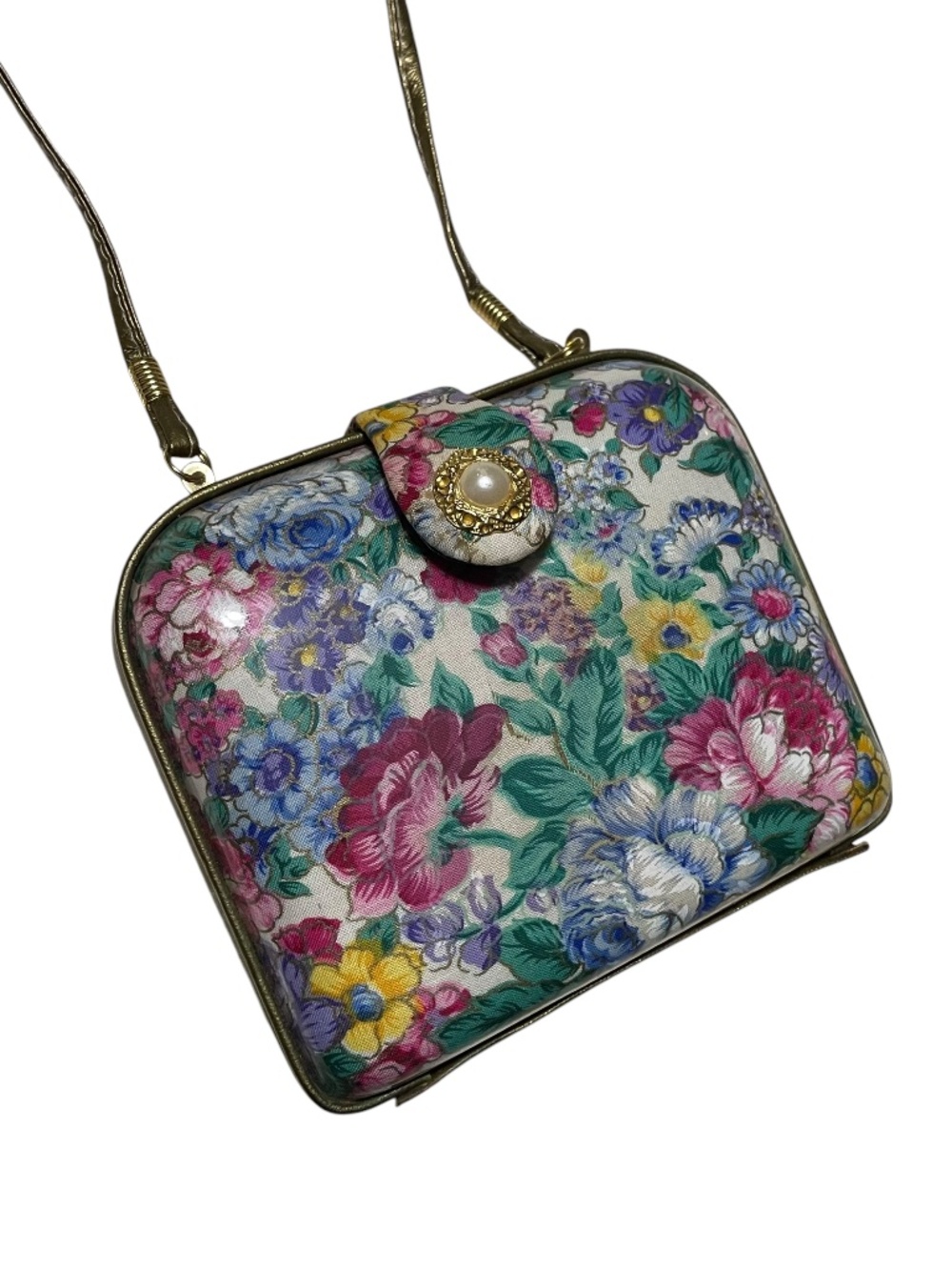 Victorian Floral Hardshell Purse Crossboydy Bag Button Flap Closure Rainbow VTG